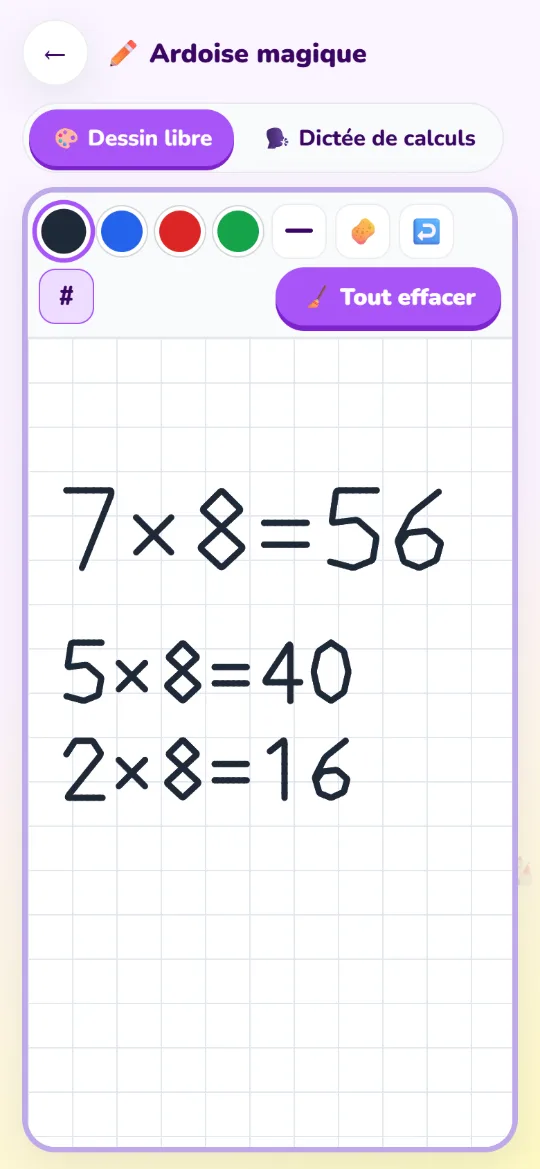 The magic whiteboard on a phone, with coloured pens, eraser and grid: the child wrote 7 × 8 = 56, 5 × 8 = 40 and 2 × 8 = 16.