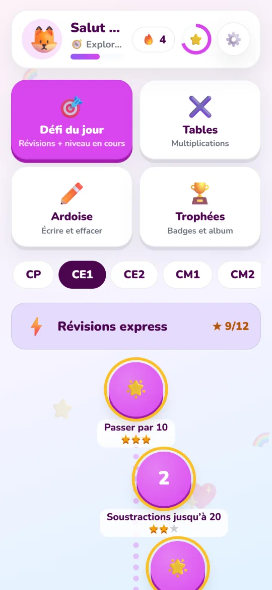 The home screen on a phone (French interface): daily challenge, times tables, whiteboard and trophies, the grade picker, then the path of levels with the stars earned.