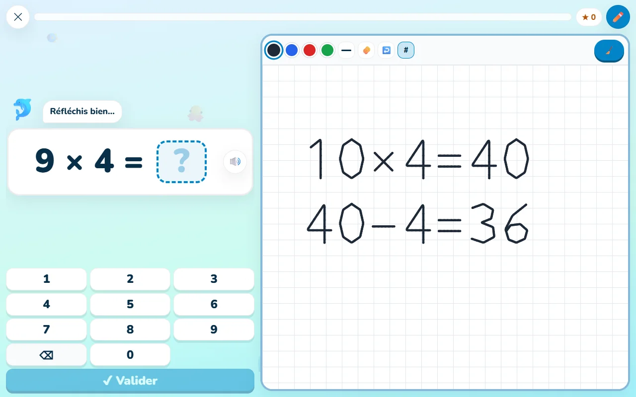 On a computer (French interface): on the left the question 9 × 4 = ? and the number pad; on the right the magic whiteboard where the child wrote 10 × 4 = 40, then 40 − 4 = 36.