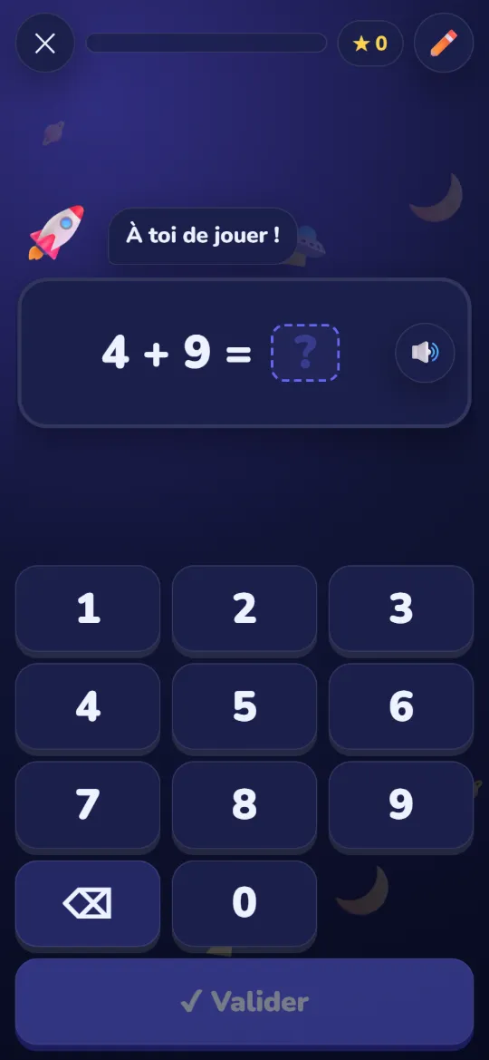 A question in the Space theme: 4 + 9 = ?, with a large number pad.